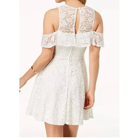 B Darlin Off white lace cold shoulder fit and flare dress women's 3/4 NWT - Picture 2 of 8
